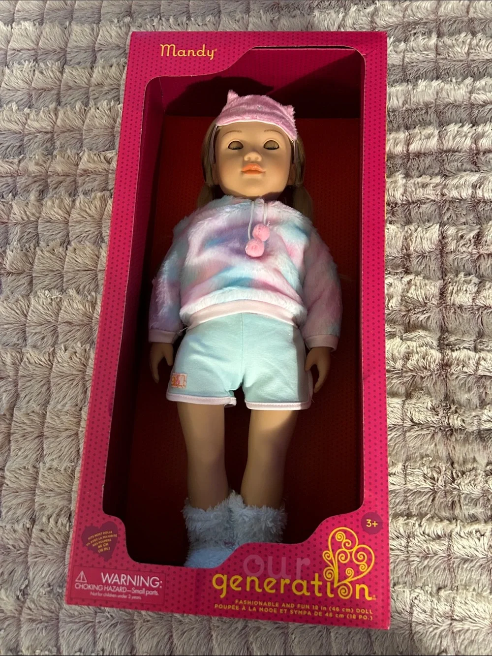 Our Generation Girls' Light Blue Shorts with Pastel Hoodie Doll Many